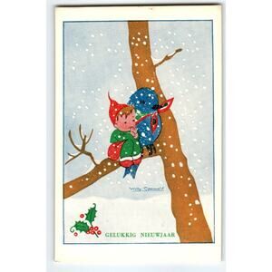 Fantasy Postcard Fairy Boy Sits In Tree Blue Bird Snow Willy Schermele Dutch